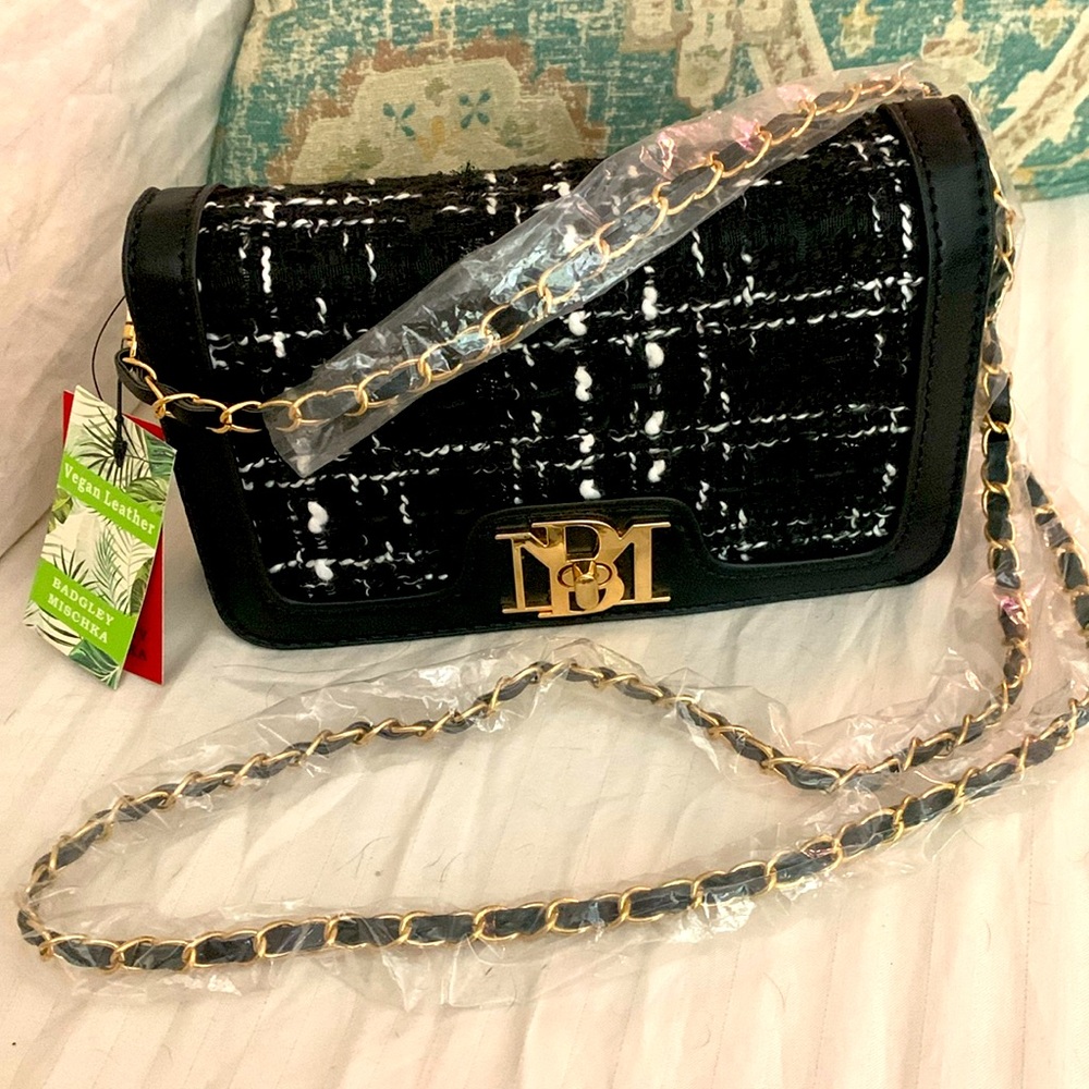 Badgely Mischka crossbody black vegan leather and wool convertible clutch NWT